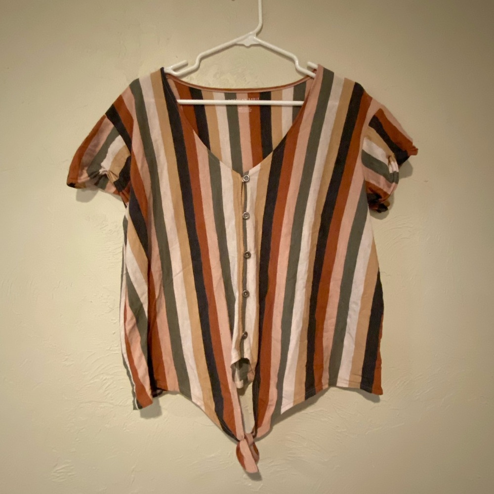 American Eagle Multicolor Striped Front Tie Tee